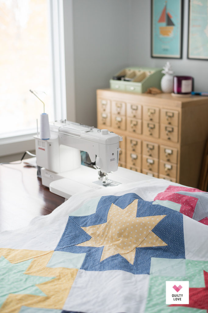 North Star quilt being quilted on a Janome