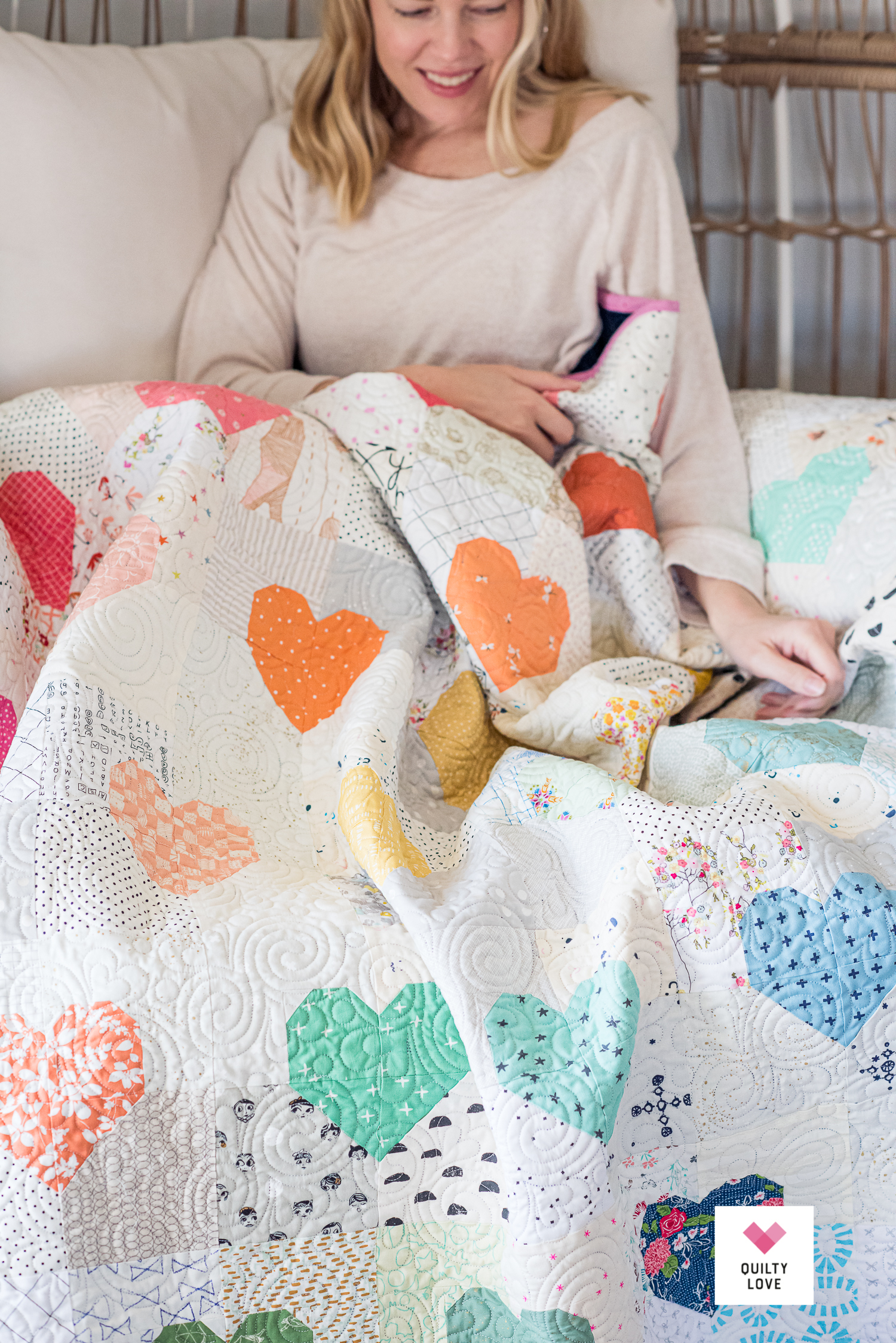 Simple Rainbow Heart Gems quilt - Quilty Love