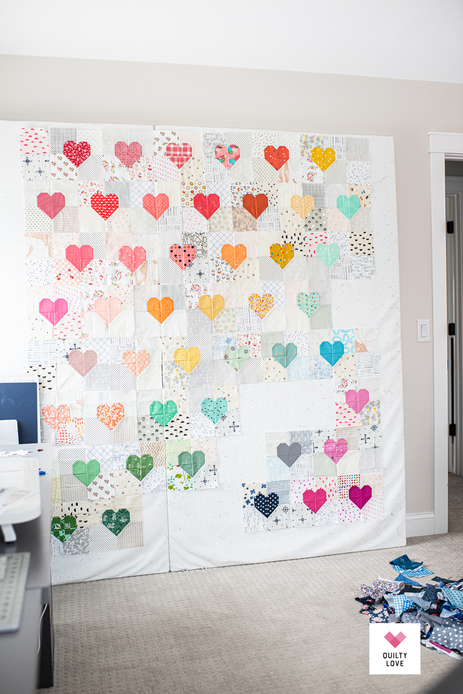 Simple Rainbow Heart Gems quilt - Quilty Love