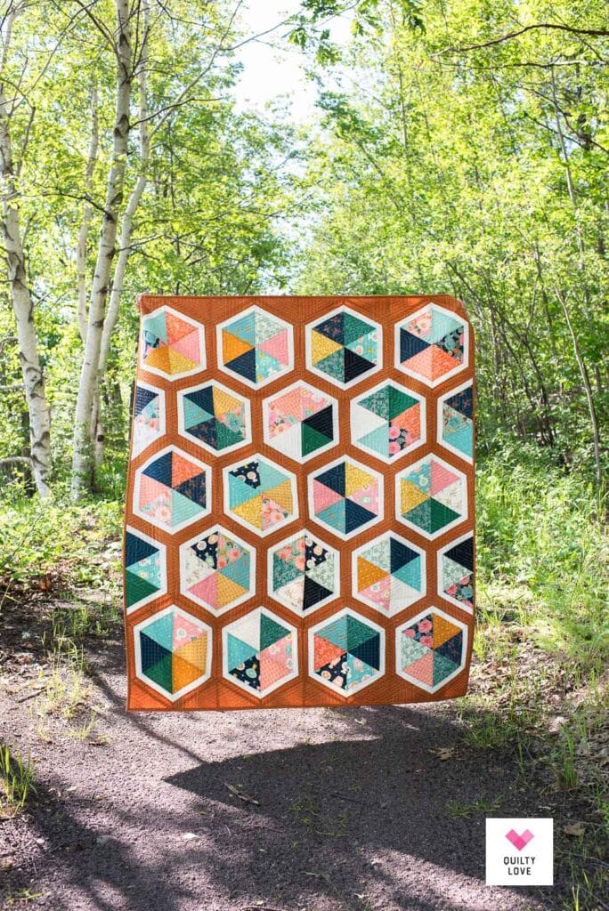 A Triangle Hexies quilt on a trail surrounded by trees